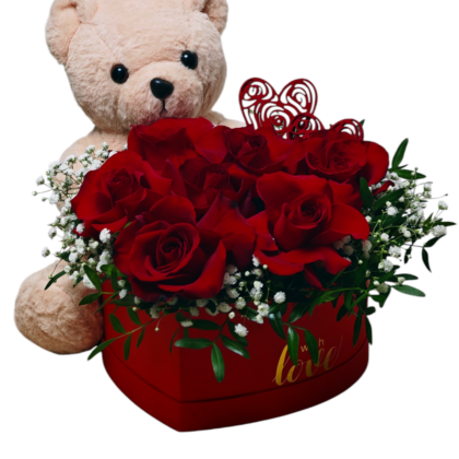 Cutie romantică cu trandafiri și ursuleț