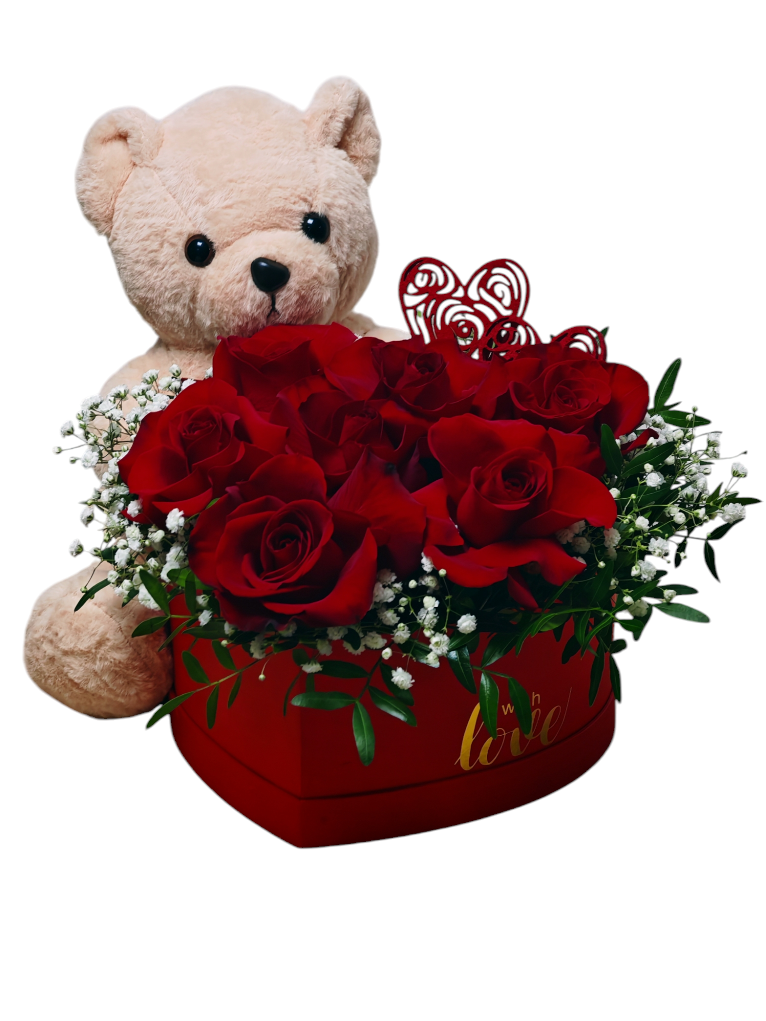 Cutie romantică cu trandafiri și ursuleț