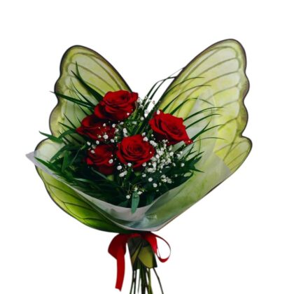 Buchet  5 Trandafiri Roșii cu Gypsophila