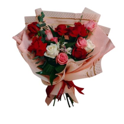 Buchet cu Trandafiri Rosii Albi si Roz