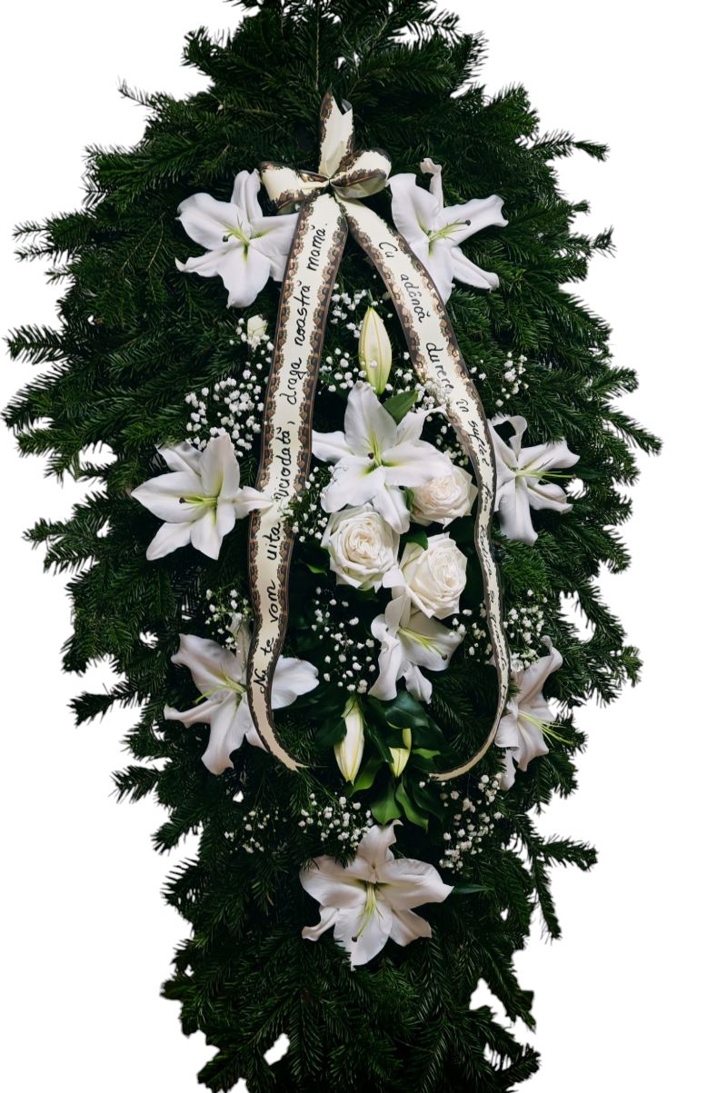 Coroană Funerară cu Crini și Trandafiri Albi