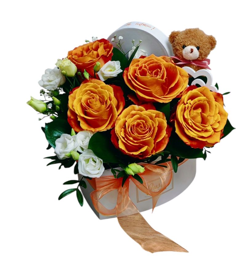 Aranjament floral cu ursuleț de pluș