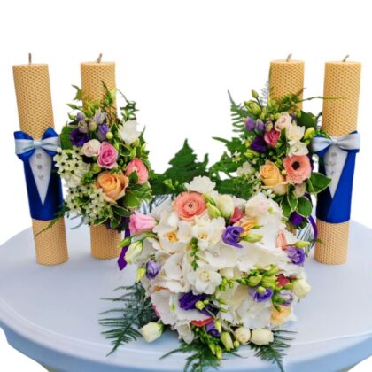 Lumânări de cununie cu buchet de mireasă