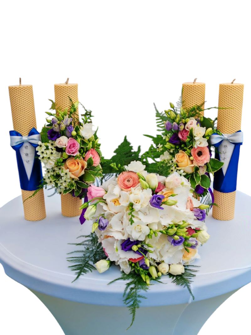 Lumânări de cununie cu buchet de mireasă