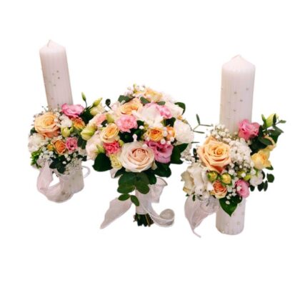Set cununie elegant – lumânări și buchet mireasă