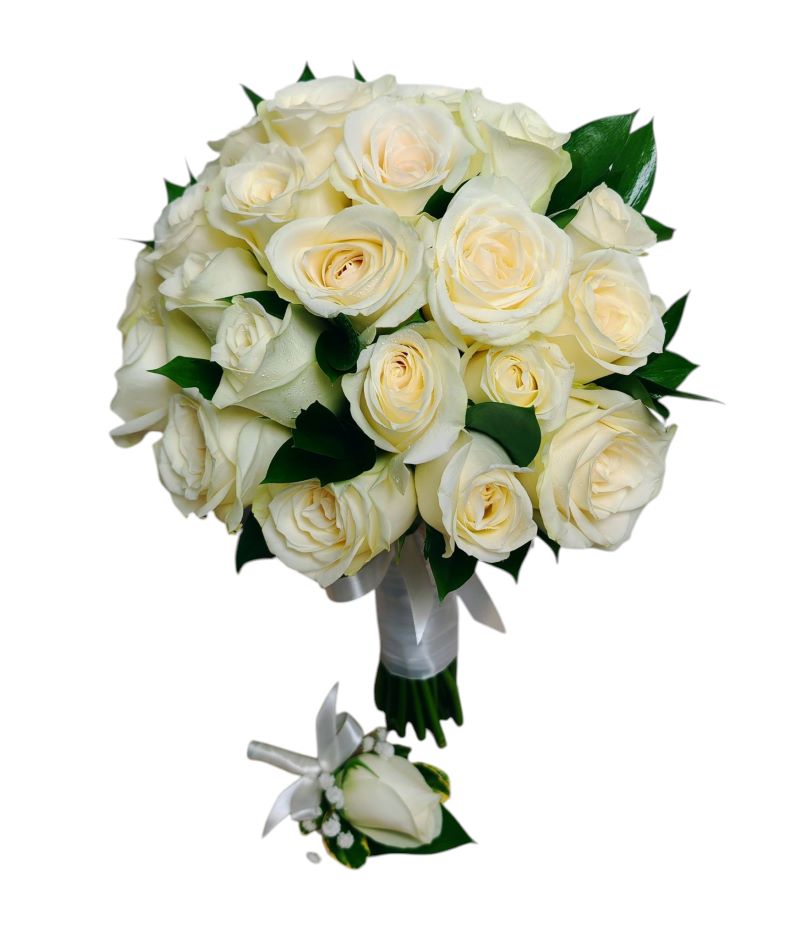 Buchet de Mireasă cu Trandafiri Albi și Ruscus