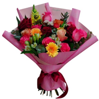 Buchet Colorat cu Trandafiri, Astromelia și Minigerbera