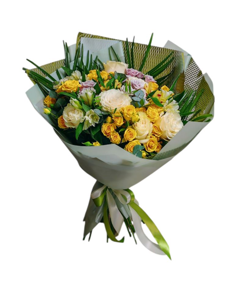 Buchet cu minirose galbene și lila