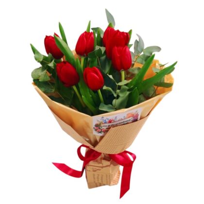 Buchet 7 lalele roșii cu eucalipt