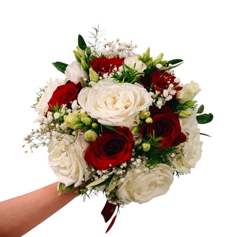 Buchet Mireasă Elegant cu Trandafiri Roșii și Albi