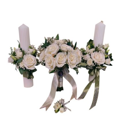 Set cununie lumânări, buchet mireasă și cocardă – floral elegant